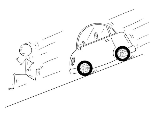 Cartoon of Man Running Down to Hill from Car Moving Uncontrolled Without Driver
