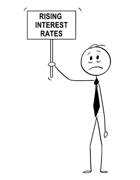 Desenhos animados do homem deprimido, banqueiro ou empresário com taxas de juros crescentes — Vetor de Stock