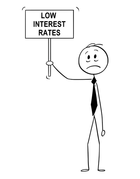 Karikatur eines depressiven Mannes, Bankers oder Geschäftsmannes mit niedrigen Zinsen — Stockvektor