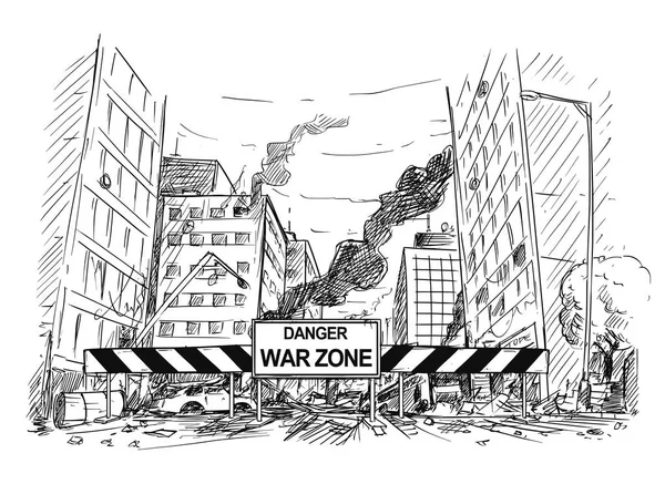 Dessin à la main de la rue de la ville détruite par la guerre, route bloquée par un panneau de zone de guerre — Image vectorielle