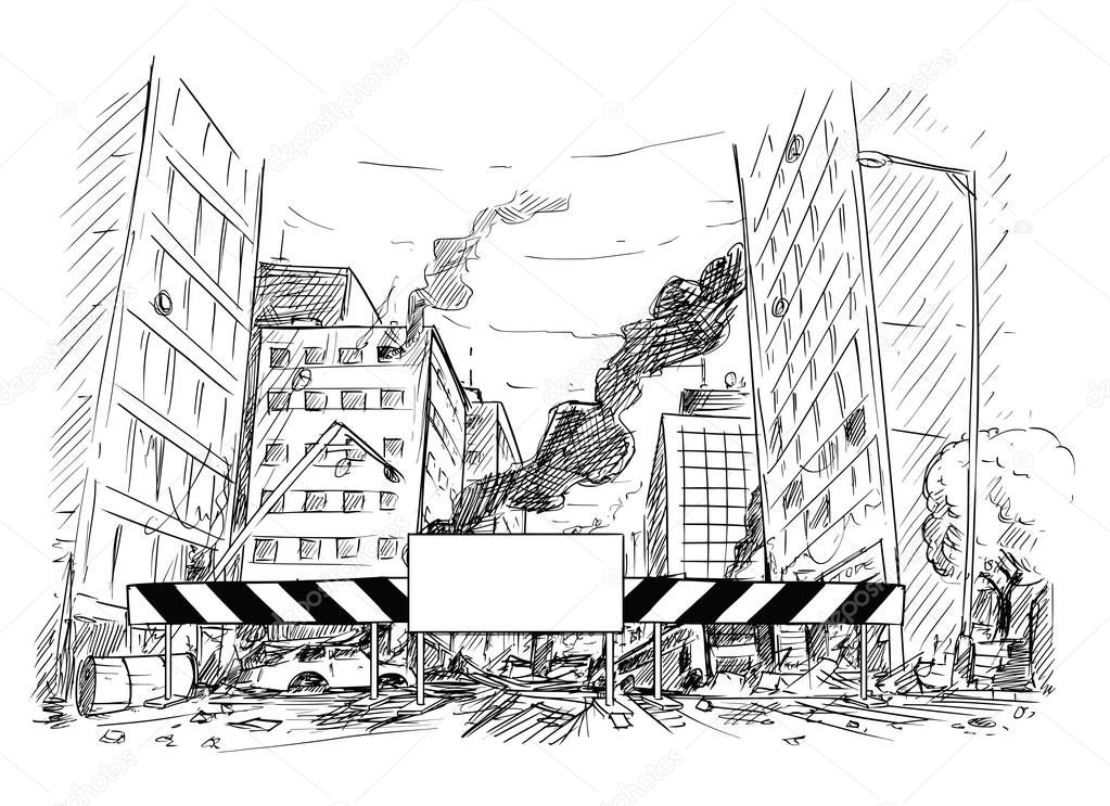 Hand Drawing of City Street Destroyed by War or Riot or Disaster