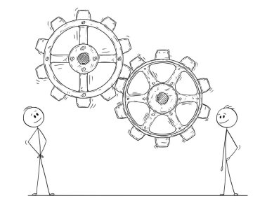 İki erkek veya Gears çalışma izlerken işadamları karikatür veya Cog tekerlekler