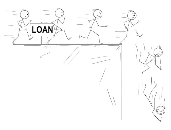 Konzeptionelle Karikatur von Menschen, die einen Kredit aufnehmen und Desillusionierung, wenn sie ihn nicht zurückzahlen können — Stockvektor