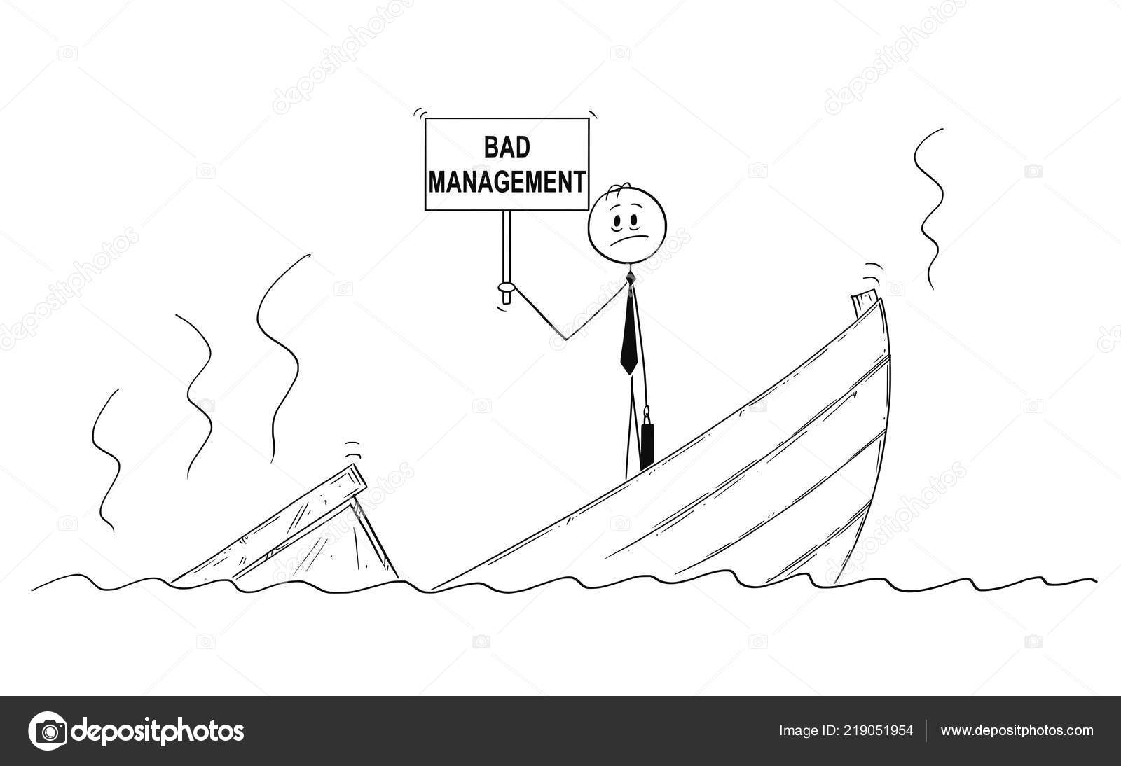 Cartoon Of Businessman Manager Standing Depressed On Sinking