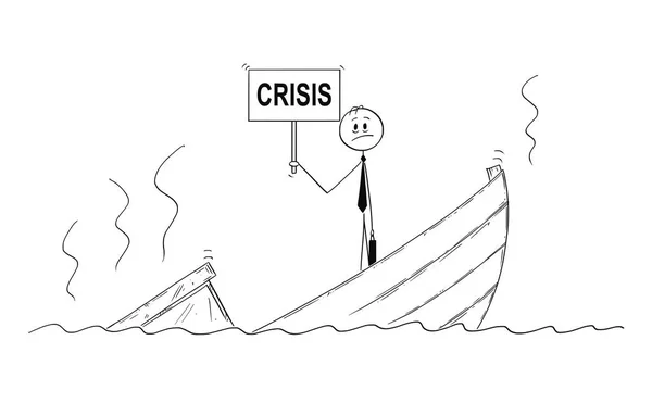 Desenhos animados de empresário, gerente ou político em pé deprimido no barco afundando com sinal de crise —  Vetores de Stock