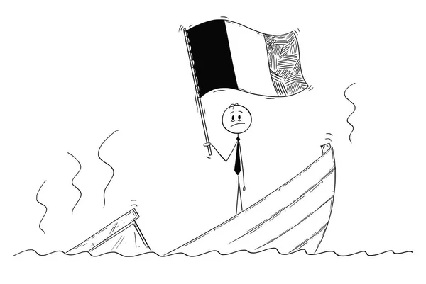 Karikatur eines Politikers, der deprimiert auf einem sinkenden Boot mit belgischer oder französischer Flagge steht — Stockvektor