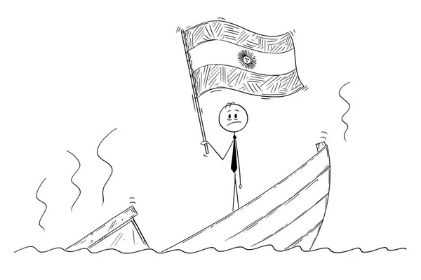 Cartoon van politicus permanent depressief over zinken boot zwaaien de vlag van de Republiek Argentinië of Argentinië — Stockvector