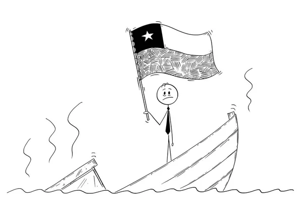 Cartoon of Politician Standing Depressed on Sinking Boat Waving the Flag of Republic of Chile - Stok Vektor