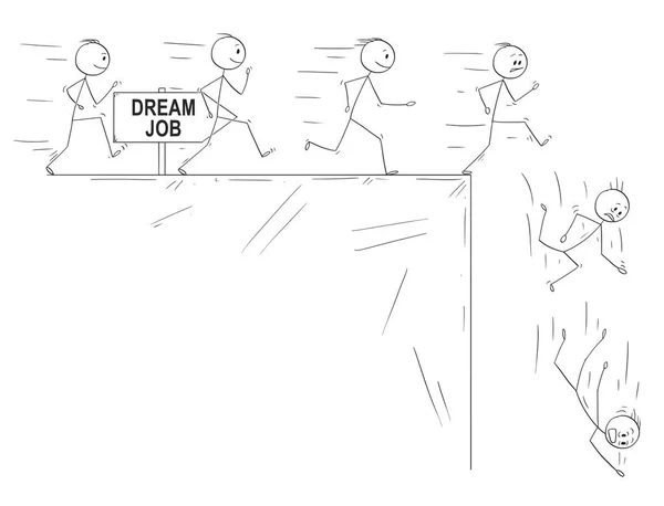 Desenhos animados conceituais de pessoas tentando obter seu trabalho de sonho e desilusão quando encontram a realidade — Vetor de Stock