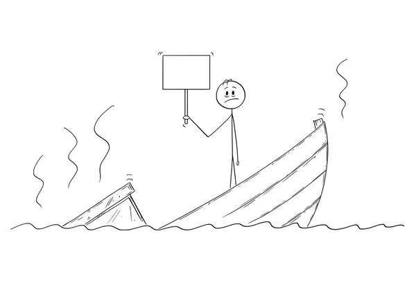 Karikatur eines Mannes, Politikers oder Geschäftsmannes, der deprimiert auf einem sinkenden Boot mit leerem Schild steht — Stockvektor