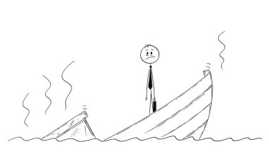 Karikatür tekne batıyor depresif ayakta işadamı ve politikacı