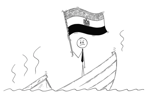 Caricatura del político de pie deprimido en barco hundiéndose ondeando la bandera de la República Árabe de Egipto — Archivo Imágenes Vectoriales