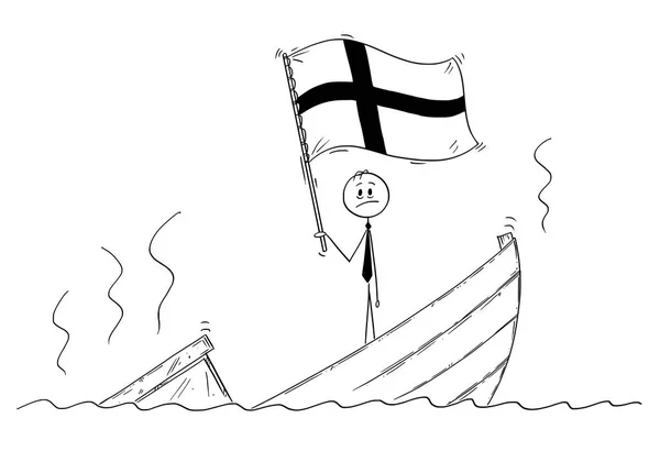 Cartoon van politicus permanent depressief over zinken boot zwaaien de vlag van de Republiek Finland — Stockvector