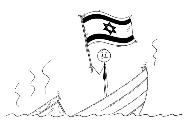 Desenhos animados do político em pé deprimido no barco afundando Acenando a Bandeira de Estado de Israel —  Vetores de Stock