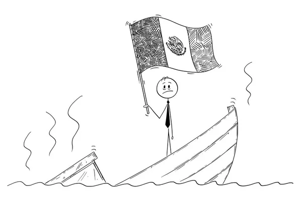 Карикатура политика, стоящего в депрессии на тонущей лодке, размахивающей флагом Мексиканских Соединенных Штатов или Мексики — стоковый вектор