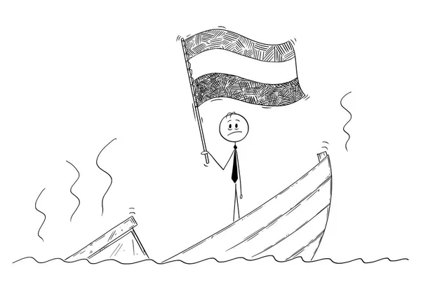 Cartone animato del politico in piedi depresso sulla barca che affonda sventola la bandiera del Regno dei Paesi Bassi o dell'Olanda — Vettoriale Stock