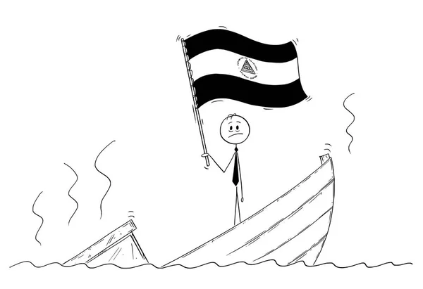 Nikaragua Cumhuriyeti bayrağı sallayarak tekne batıyor depresif ayakta politikacının çizgi film — Stok Vektör