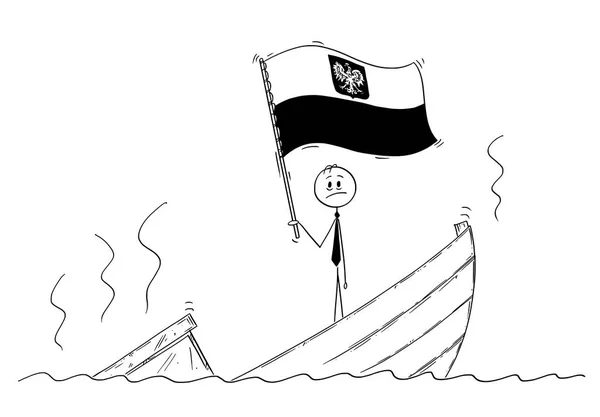 Karikatur eines Politikers, der deprimiert auf einem sinkenden Boot steht und die Flagge der Republik Polen schwenkt — Stockvektor