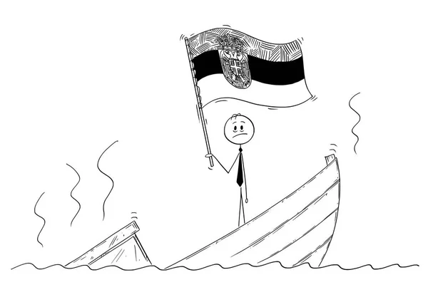 Cartoon van politicus permanent depressief over zinken boot zwaaien de vlag van de Republiek Servië — Stockvector