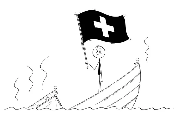 Cartoon of Politician Standing Depressed on Sinking Boat Acenando com a Bandeira da Confederação Suíça ou Suíça —  Vetores de Stock