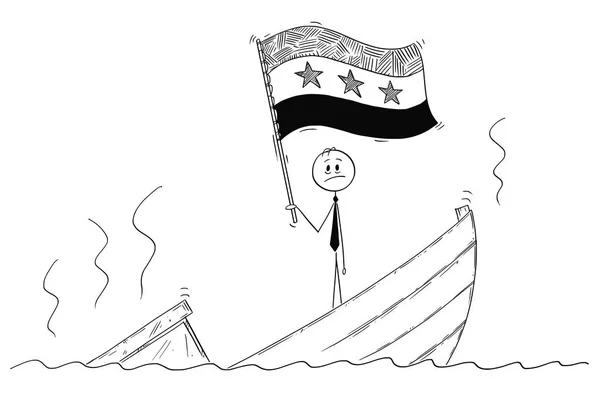 Karikatur eines Politikers, der deprimiert auf einem sinkenden Boot steht und die Flagge der Arabischen Republik oder Syriens schwenkt — Stockvektor