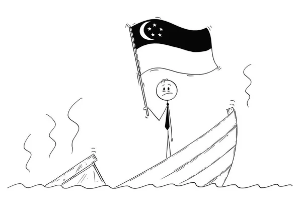 Cartoon van politicus permanent depressief over zinken boot zwaaien de vlag van Republiek van Singapore — Stockvector