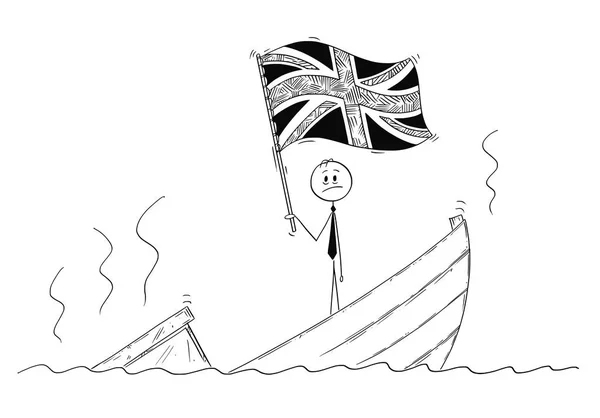 Cartoon of Politician Standing Depressed on Sinking Boat Acenando a Bandeira do Reino Unido da Grã-Bretanha — Vetor de Stock