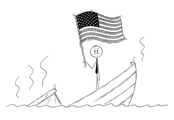 미국 또는 미국 깃발을 흔들며 보트를 침 몰에 우울 서 정치인의 만화 — 스톡 벡터