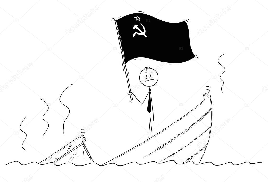 Cartoon of Politician Standing Depressed on Sinking Boat Waving the Flag of Soviet Union