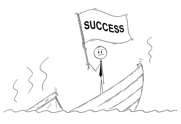 Karikatur eines Politikers oder Geschäftsmannes, der deprimiert auf einem sinkenden Boot steht und die Flagge mit Erfolgstext schwenkt — Stockvektor