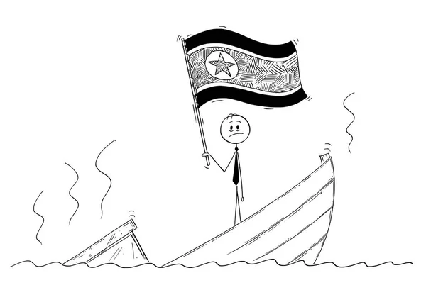 Karikatur eines Politikers, der deprimiert auf einem sinkenden Boot steht und die Flagge der demokratischen Volksrepublik Korea oder Nordkoreas schwenkt — Stockvektor