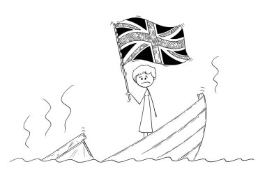 Cartoon of Female or Woman Politician Standing Depressed on Sinking Boat Waving the Flag of United Kingdom of Britain clipart