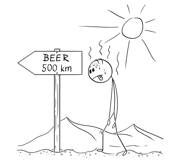 Dibujos animados del hombre caminando sediento por el desierto y encontrado muestra la cerveza 500 km o kilómetros — Archivo Imágenes Vectoriales
