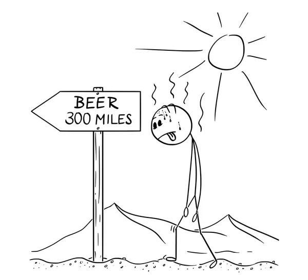 Cartoon of Man Walking Thirsty Through Desert and Found Sign Beer 300 milhas ou quilômetros — Vetor de Stock