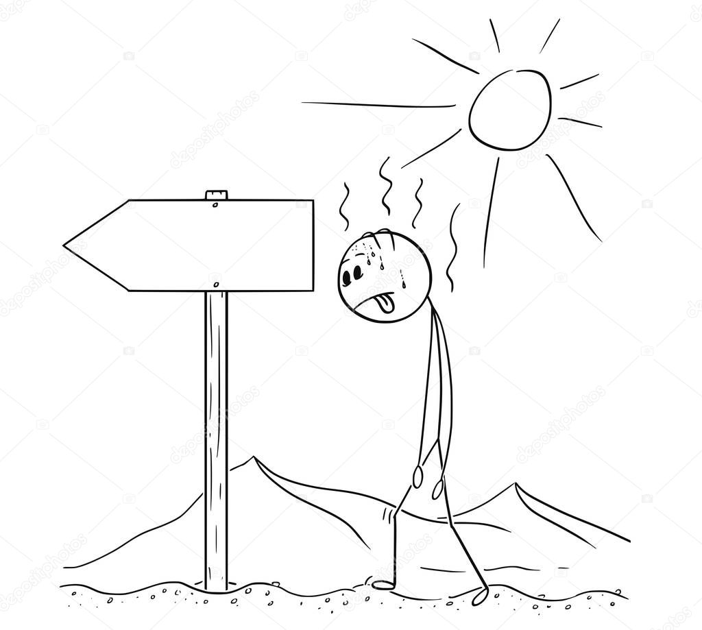 Cartoon of Man Walking Thirsty Through Desert and Found Empty Arrow Sign