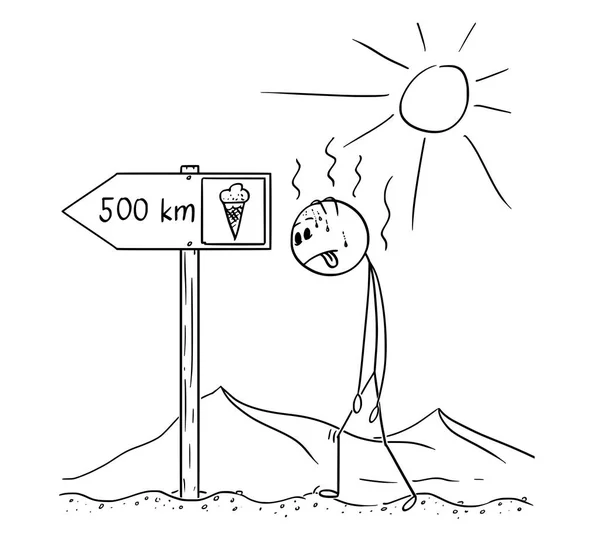 Cartoon of Man Walking Thirsty Through Desert and Found Iniciar sesión Helado 500 km o Kilómetros — Vector de stock