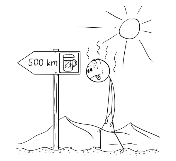 歩いて砂漠でのどが渇いて男の漫画し、500 km をキロ看板ビールを発見 — ストックベクタ