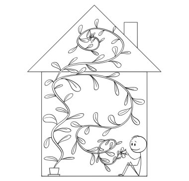 Onun ev ya da ev doldurma dev üretim tesisi ile mutlu bir adam, çizgi film.