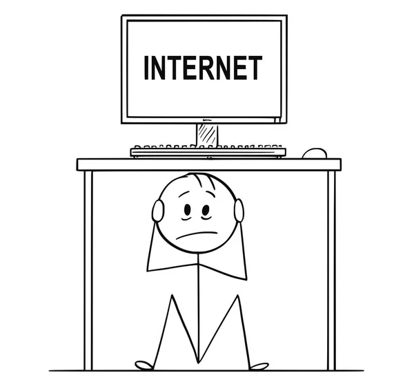 インター ネット テキストやコンピューターと机の下で隠されたビジネスマンが座っている男の漫画 — ストックベクタ