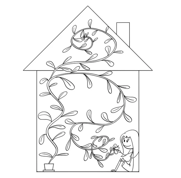 Dibujos animados de la mujer feliz con planta gigante llenando su casa o casa . — Vector de stock