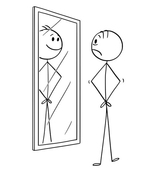 Cartoon of Sad Man Looking at Himself in the Mirror but Seeing Smiling Cheerful Yourself — Stock Vector