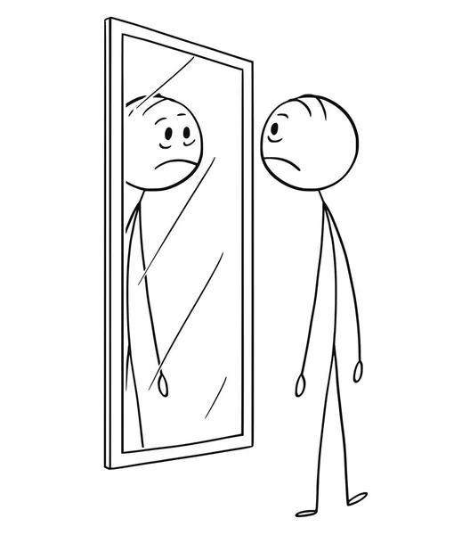 Desenhos animados do homem triste deprimido olhando para si mesmo no espelho —  Vetores de Stock