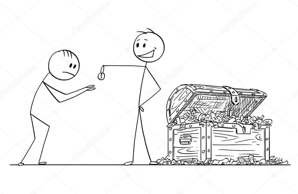 cartoon stick drawing conceptual illustration of haughty or arrogant man or businessman with chest full of money giving one coin to humbled beggar or supplicant premium vector in adobe illustrator ai cartoon stick drawing conceptual