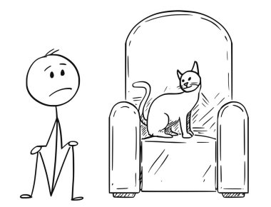 Karikatür adam oturan zemin çünkü bir kedi üzerinde koltuk işgal