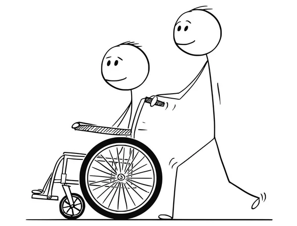 Cartoon of Man Pushing a Wheelchair With Disabled Man — Stock Vector