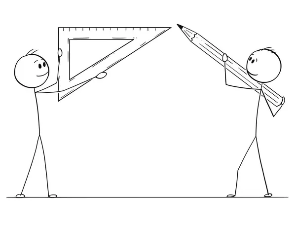 Desenhos animados de dois homens ou empresários segurando lápis e régua do triângulo — Vetor de Stock