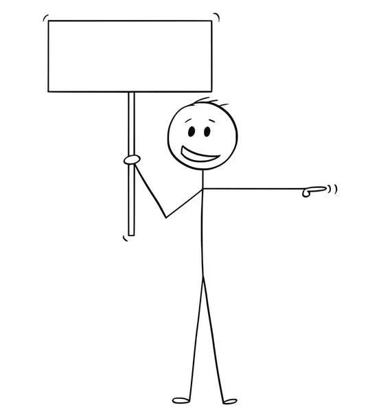 Cartone animato di uomo o uomo d'affari con sorriso arrogante che tiene il segno vuoto e indica con mano — Vettoriale Stock