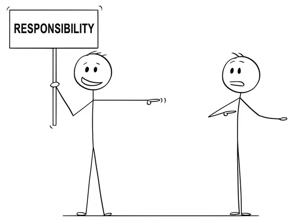 Caricatura del hombre o del hombre de negocios sosteniendo el signo de responsabilidad y culpando a otro hombre — Archivo Imágenes Vectoriales