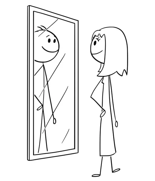 Cartoon van vrouw zichzelf in de spiegel kijken maar het zien van de Man binnen — Stockvector
