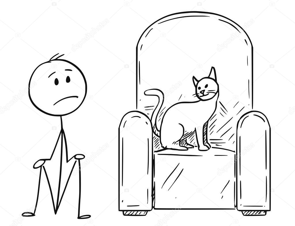 Cartoon of Man Sitting on Ground Because a Cat is Occupying the Armchair